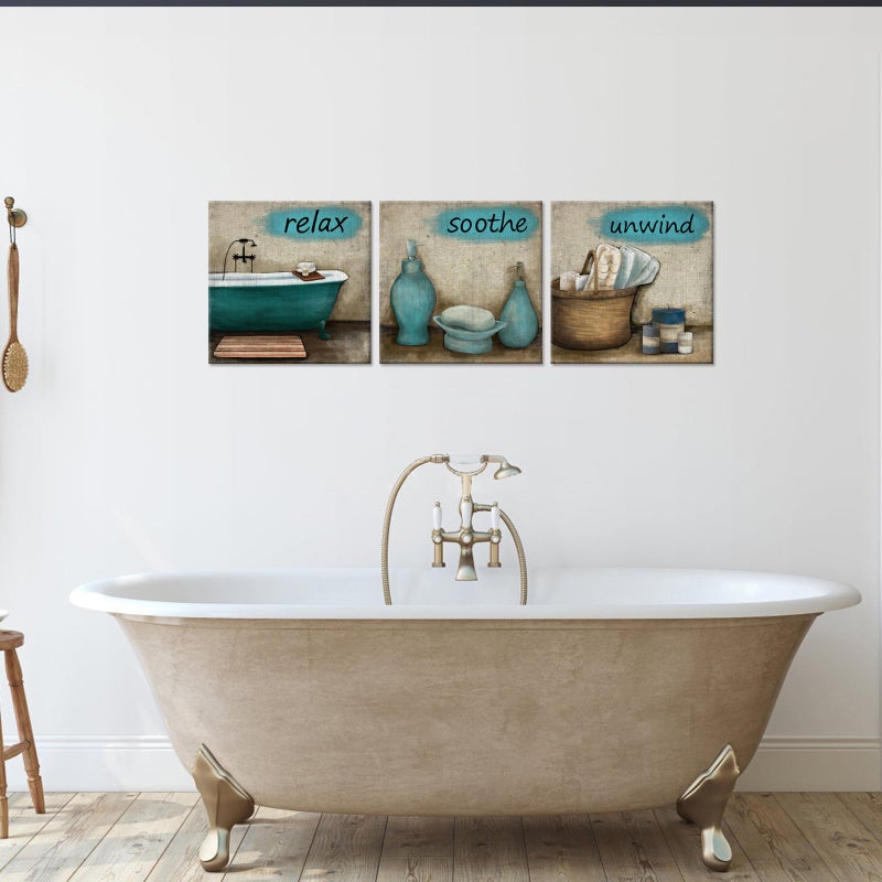 iHAPPYWALL 3 Pieces Bathroom Canvas Wall Art Teal Style Bathtub Bath Set Towel Relax Soothe Unwind Bathroom Still Life Picture Poster Print Stretched and Framed Ready To Hang - Image 3